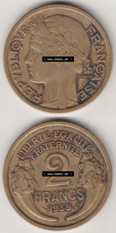 Münzen Frankreich Eurovorläufer, Umlaufmünze vor Euroeinführung 1931-1941, 2 Franken 1939 (Stück 1) LIBERTE EGALITE FRATERNITE.... Sammlung
