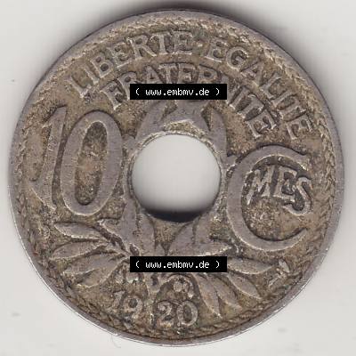 Münzen Frankreich Eurovorläufer, Umlaufmünze vor Euroeinführung 1917-1938, 10 Centimes - Cmes 1920. Rückseite einer Münze aus Europa als Digitales Bild... Sammlung