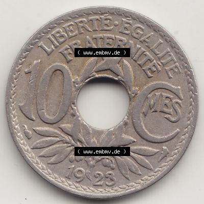 Münzen Frankreich Eurovorläufer, Umlaufmünze vor Euroeinführung 1917-1938, 10 Centimes - Cmes 1923. Rückseite einer Münze aus Europa als Digitales Bild... Sammlung