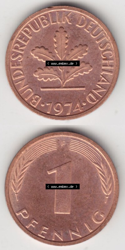 Münzen Deutschland 1 Pfennig-Deutsche Mark 1950-2001, 1 Pfennig 1974 F. Vorderseite und Rückseite in vertikaler Ansicht, einer... Sammlung