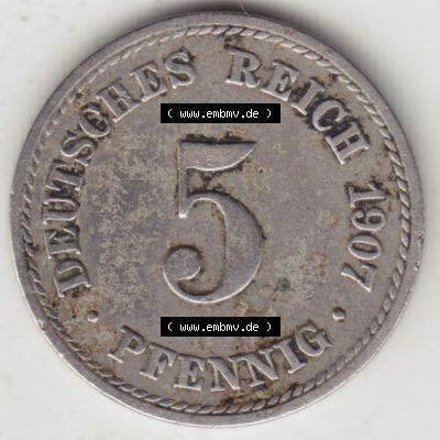 Münzen Deutschland 1871-1918 Kaiserreich 1890-1915, 5 Pfennig A, 1907 II (1) Sammlung