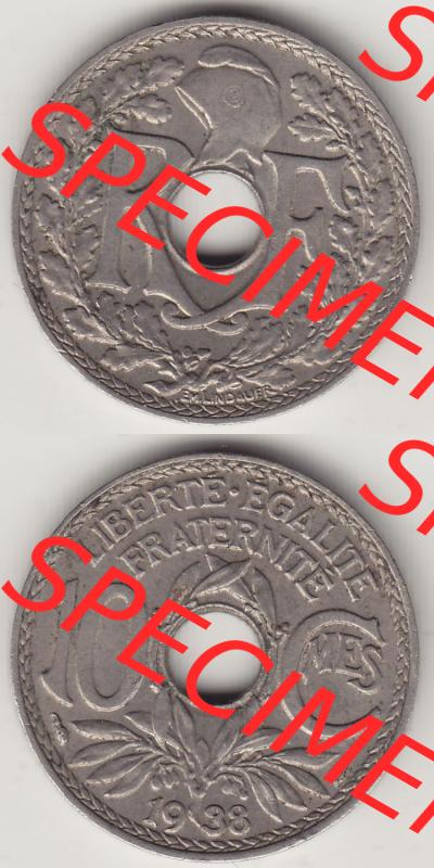 Münzen Frankreich Eurovorläufer, Umlaufmünze vor Euroeinführung 1917-1938, 10 Centimes - Cmes 1938. Vorderseite und Rückseite Vertikal Untereinander, passend... Sammlung