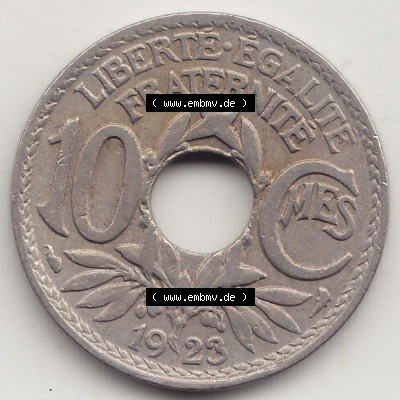 Münzen Frankreich Eurovorläufer, Umlaufmünze vor Euroeinführung 1917-1938, 10 Centimes - Cmes 1923. Rückseite einer Münze... Sammlung
