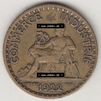 Münzen Frankreich Eurovorläufer, Umlaufmünze vor Euroeinführung 1922-1927, 1 Franken, BON POUR One Franc, 1922 (Stück 1)... Sammlung