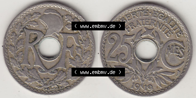 Münzen Frankreich Eurovorläufer, Umlaufmünze vor Euroeinführung 1917-1937, 25 Cmes, Centimes 1919 (Stück 1) LIBERTE EGALITE... Sammlung
