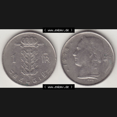 Münzen Belgien Eurovorläufer, Umlaufmünze vor Euroeinführung 1950-1988, 1 FR-Franken 1970 België. Vorderseite und Rückseite Nebeneinander einer Münze... Sammlung
