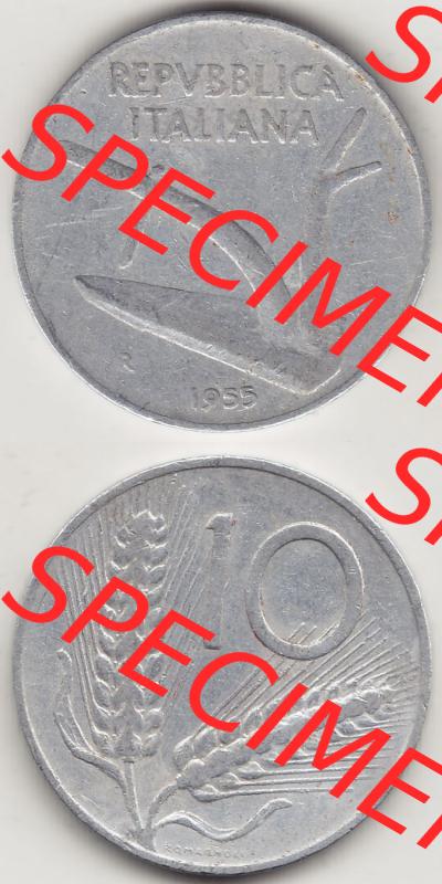 Münzen Italien / Italia Eurovorläufer, Umlaufmünze vor Euroeinführung 1951-2001, 10 Lire 1955-2. Vorderseite und Rückseite Vertikal Untereinander,... Sammlung