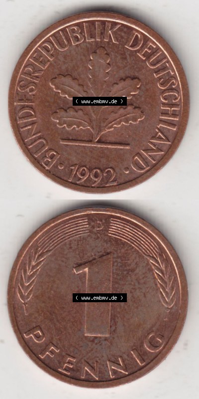 Münzen Deutschland 1 Pfennig-Deutsche Mark 1950-2001, 1 Pfennig 1992 D. Vorderseite und Rückseite in vertikaler Ansicht, einer... Sammlung