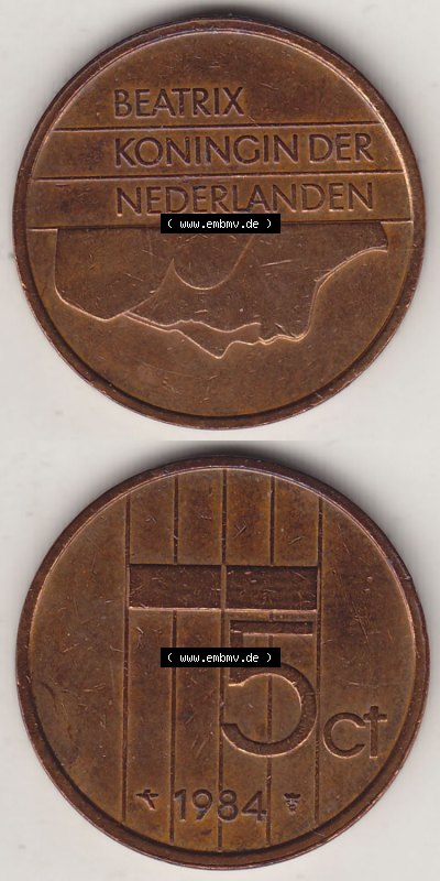 Münzen Niederlande / Netherlands Eurovorläufer, Umlaufmünze vor Euroeinführung 1982-2001, 5 Ct Cent 1984 (Stück 2) Königin... Sammlung