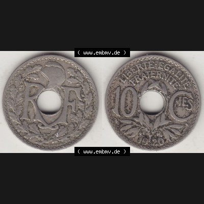 Münzen Frankreich Eurovorläufer, Umlaufmünze vor Euroeinführung 1917-1938, 10 Centimes, 10 CMES EGALITÉ FRATERNITÉ LIBERTÉ 1920-1. Rückseite... Sammlung