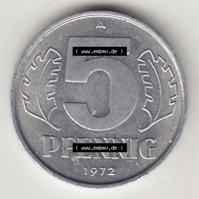 Münzen Deutschland DDR 1968-1990, A 5 Pfennig 1972 (Stück 1). Rückseite einer Münze aus der ehemaligen DDR in Europa als Digitales... Sammlung