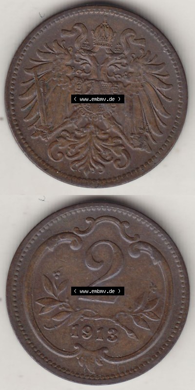 Münzen Österreich / Austria Eurovorläufer, Umlaufmünze vor Euroeinführung 1892-1915, 2 Heller 1913 (4) Sammlung