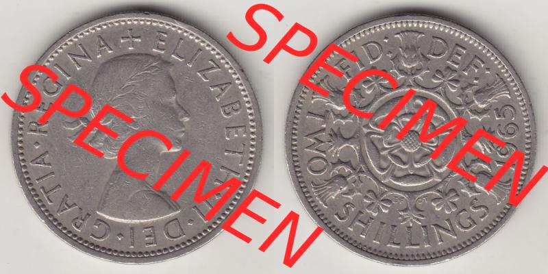 Münzen Großbritannien Eurovorläufer, Umlaufmünze vor Euroeinführung 1954-1970, 2 Schilling - Shillings 1965-1. Vorderseite und Rückseite horizontal nebeneinander... Sammlung
