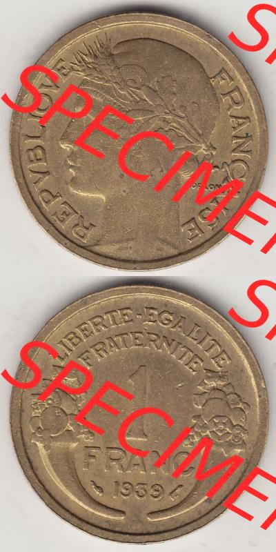 Münzen Frankreich Eurovorläufer, Umlaufmünze vor Euroeinführung 1931-1941, 1 Franken, 1 Franc, 1939-1 LIBERTE EGALITE FRATERNITE. Rückseite und Vorderseite... Sammlung
