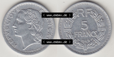 Alte Münzen Frankreich, Kursmünzensatz Zeitraum 1917-1952, der Münze 1945-1952, 5 Franken, Francs 1949 (Stück 1). Rückseite... Sammlung