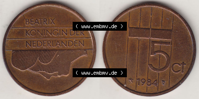 Münzen Niederlande / Netherlands Eurovorläufer, Umlaufmünze vor Euroeinführung 1982-2001, 5 Ct Cent 1984 Königin Beatrix... Sammlung