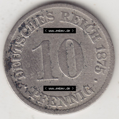 Münzen Deutschland 1871-1918 Kaiserreich 1873-1889, 10 Pfennig D, 1875. Vorderseite einer Münze aus dem deutschen Kaiserreich... Sammlung
