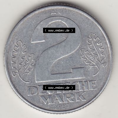 Münzen Deutschland DDR 1957-1957, A 2 Deutsche Mark 1957-1. Rückseite einer 2 Mark Münze / Umlaufmünze aus Deutschland der ehemaligen DDR in Europa als Digitales Bild... Sammlung