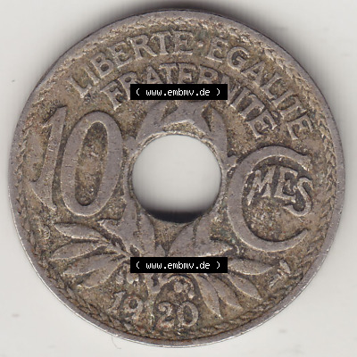 Münzen Frankreich Eurovorläufer, Umlaufmünze vor Euroeinführung 1917-1938, 10 Centimes - Cmes 1920. Rückseite einer Münze... Sammlung