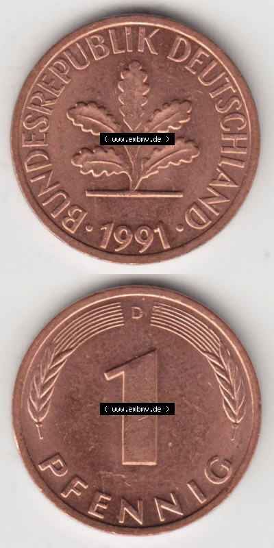 Münzen Deutschland 1 Pfennig-Deutsche Mark 1950-2001, 1 Pfennig 1991 D. Vorderseite und Rückseite in vertikaler Ansicht, einer... Sammlung