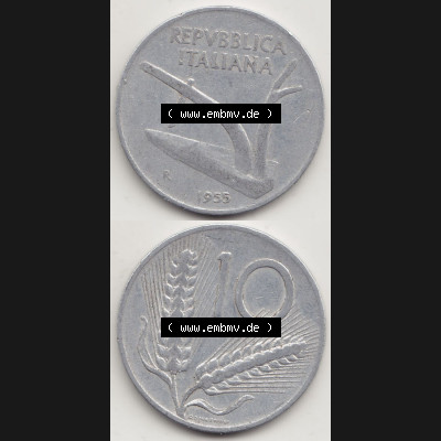 Münzen Italien / Italia Eurovorläufer, Umlaufmünze vor Euroeinführung 1951-2001, 10 Lire 1955-1. Vorderseite und Rückseite Vertikal Untereinander,... Sammlung