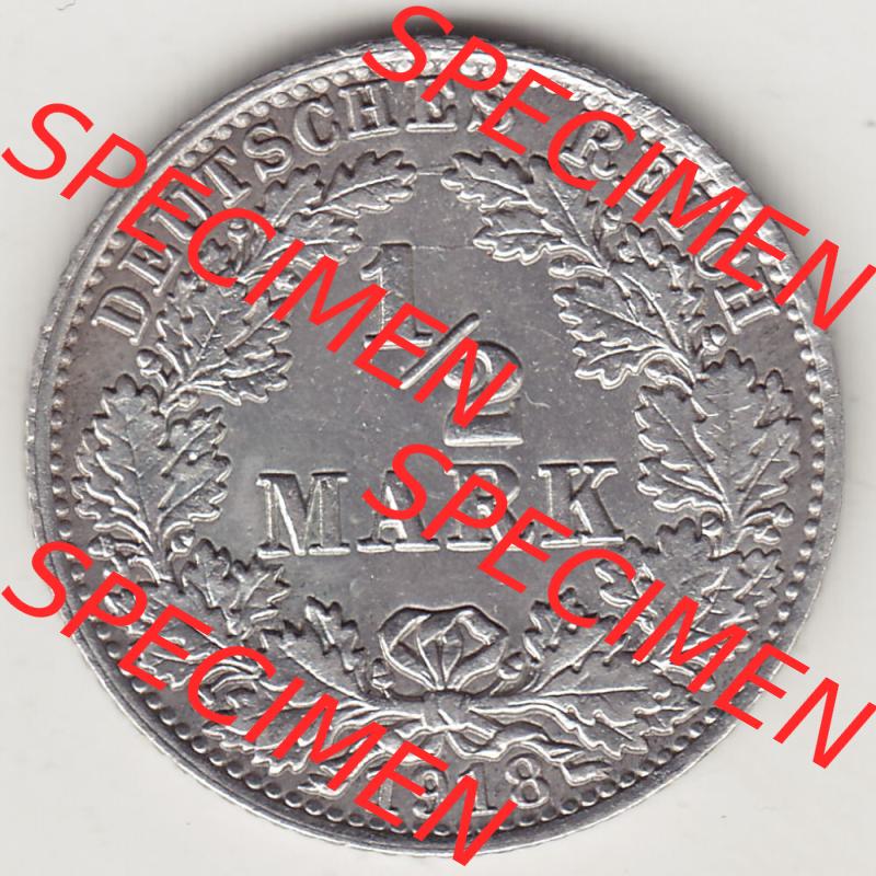 Münzen Deutschland 1871-1918 Kaiserreich Silbermünze 1905-1919, 1/2 Mark A 1918. Rückseite einer Münze aus dem Deutschen Kaiserreich in Europa als Digitales Bild /... Sammlung