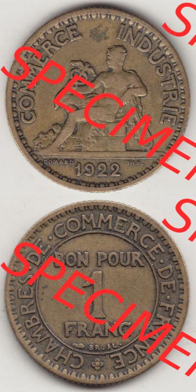 Münzen Frankreich Eurovorläufer, Umlaufmünze vor Euroeinführung 1922-1927, 1 Franken, BON POUR One Franc, 1922-1 CHAMBRES DE COMMERCE DE FRANCE. Rückseite... Sammlung