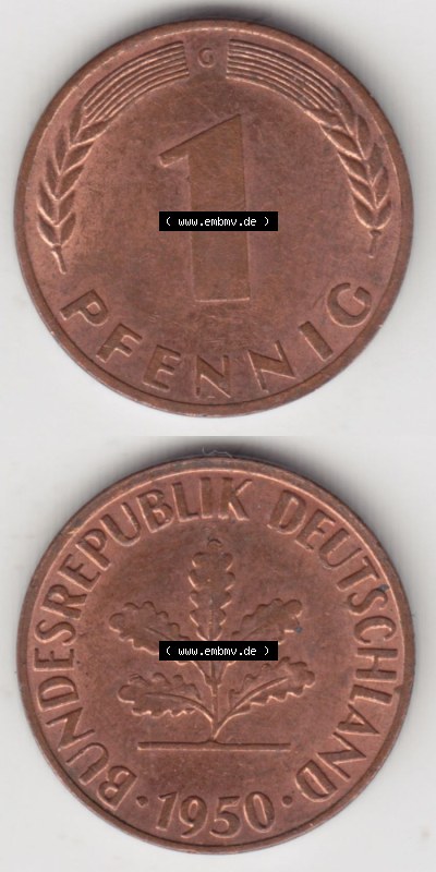 Münzen Deutschland 1 Pfennig-Deutsche Mark 1950-2001, 1 Pfennig 1950 G. Rückseite und Vorderseite in vertikaler Ansicht für... Sammlung