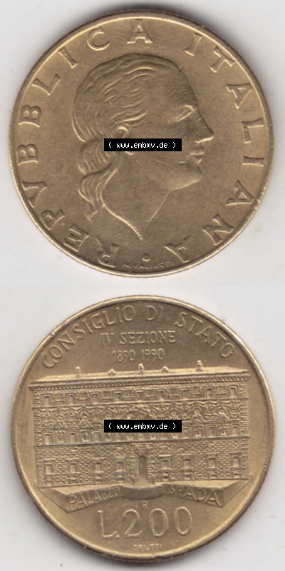 Münzen Italien / Italia Eurovorläufer, Gedenkmünze vor Euroeinführung 1990-1990, 200 Lire Gründung von Staatsrat. Rückseite... Sammlung