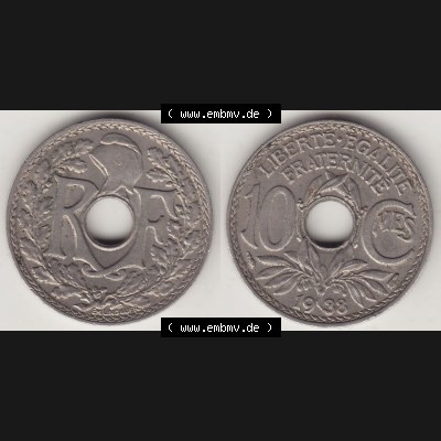 Münzen Frankreich Eurovorläufer, Umlaufmünze vor Euroeinführung 1917-1938, 10 Centimes - Cmes 1938. Vorderseite und Rückseite Nebeneinander einer Münze... Sammlung