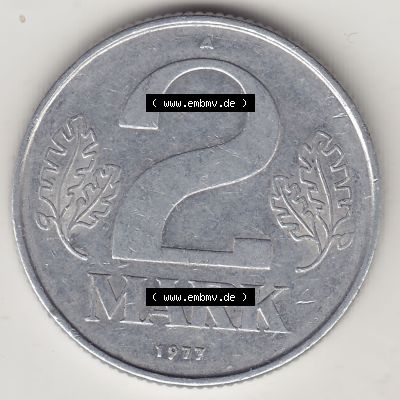 Münzen Deutschland DDR 1972-1990, A 2 Mark 1977. Rückseite einer 2 Mark Münze / Umlaufmünze aus Deutschland der ehemaligen DDR in Europa als Digitales Bild / Bildmaterial... Sammlung