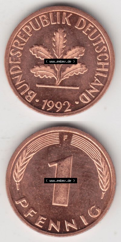 Münzen Deutschland 1 Pfennig-Deutsche Mark 1950-2001, 1 Pfennig 1992 F. Vorderseite und Rückseite in vertikaler Ansicht, einer... Sammlung