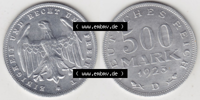 Münzen Deutschland 1918-1932 Weimarer Republik 1923-1923, 500 Mark D, 1923 (3) Sammlung