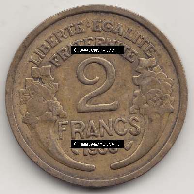 Münzen Frankreich Eurovorläufer, Umlaufmünze vor Euroeinführung 1931-1941, 2 Franken 1936 (Stück 1) LIBERTE EGALITE FRATERNITE.... Sammlung