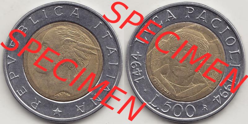 Münzen Italien / Italia Eurovorläufer, Gedenkmünze vor Euroeinführung 1994-1994, 500 Lire, 500. Geburtstag von Luca Pacioli (1494-1994)-2.... Sammlung