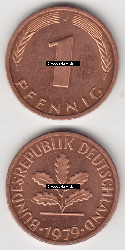Münzen Deutschland 1 Pfennig-Deutsche Mark 1950-2001, 1 Pfennig 1979 J. Bildmaterial mit Rückseite und Vorderseite in vertikaler... Sammlung