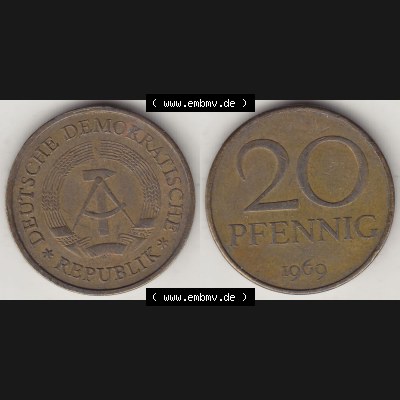 Münzen Deutschland DDR 1969-1990, 20 Pfennig 1969-6, DDR-Telefonmünze. Vorderseite und Rückseite Nebeneinander einer 20 Pfennig Münze / Umlaufmünze in der... Sammlung