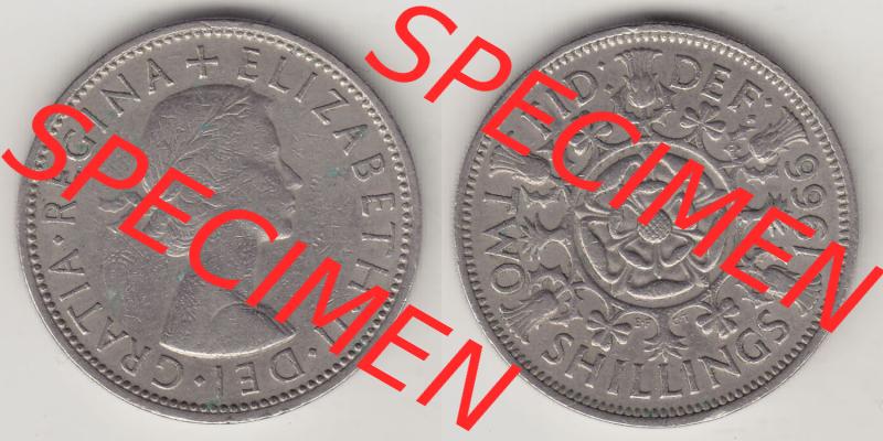 Münzen Großbritannien Eurovorläufer, Umlaufmünze vor Euroeinführung 1954-1970, 2 Schilling - Shillings 1966-3. Vorderseite und Rückseite horizontal nebeneinander... Sammlung