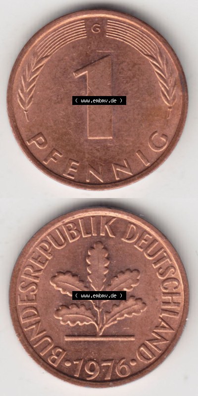 Münzen Deutschland 1 Pfennig-Deutsche Mark 1950-2001, 1 Pfennig 1976 G. Bildmaterial mit Rückseite und Vorderseite in vertikaler... Sammlung