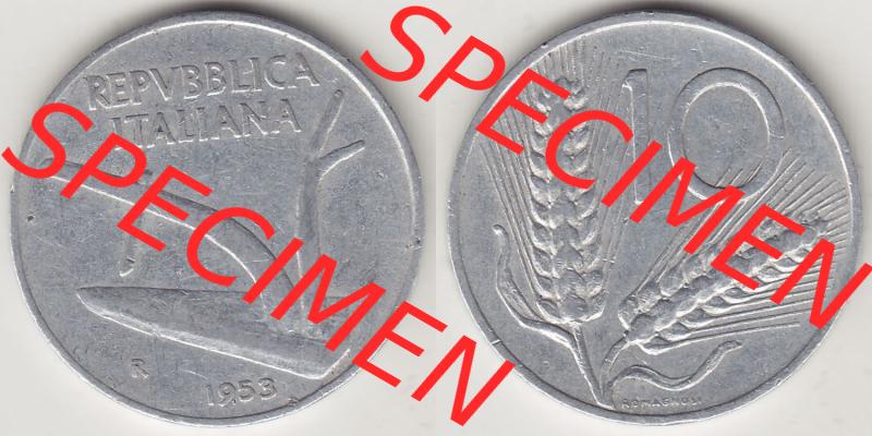 Münzen Italien / Italia Eurovorläufer, Umlaufmünze vor Euroeinführung 1951-2001, 10 Lire 1953-2. Vorderseite und Rückseite Nebeneinander einer Münze... Sammlung