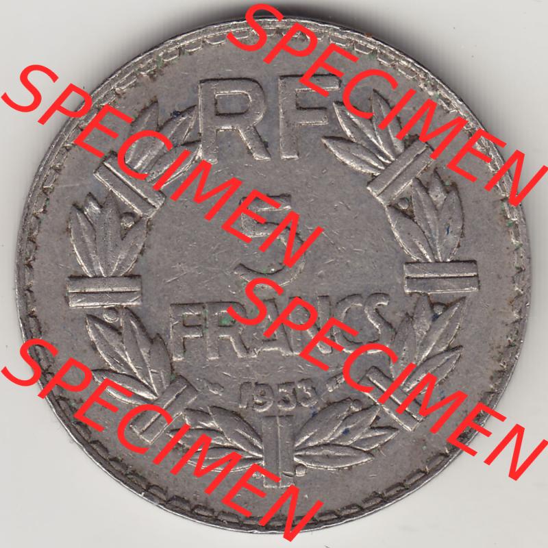 Münzen Frankreich Eurovorläufer, Umlaufmünze vor Euroeinführung 1933-1938, 5 Franken - Francs RF 1933. Rückseite einer Münze aus Europa als Digitales Bild... Sammlung