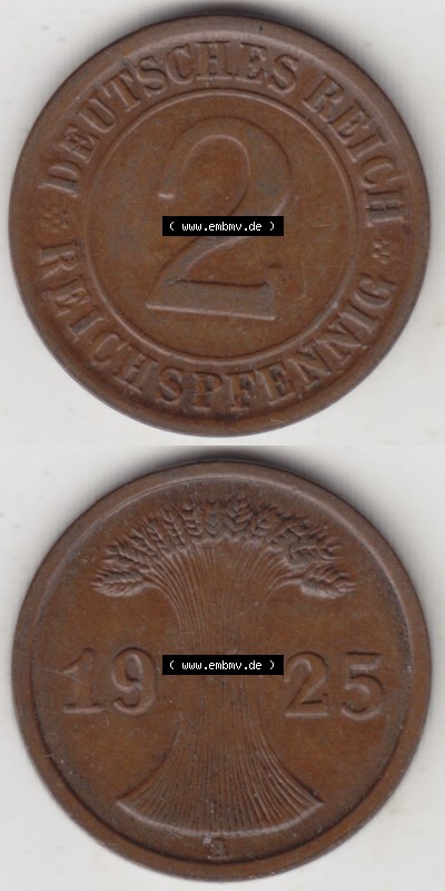 Münzen Deutschland 1918-1932 Weimarer Republik 1924-1936, 2 Reichspfennig A, 1925 (4) Sammlung