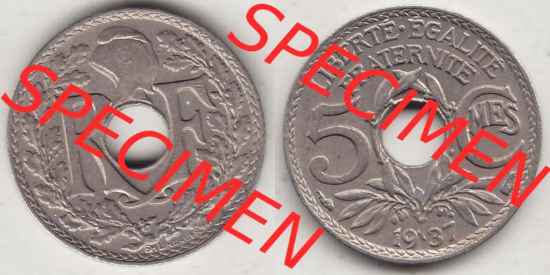 Alte Münzen Frankreich, Kursmünzensatz Zeitraum 1917-1952, der Münze 1920-1938, 5 Cmes, Centimes 1937-1. Rückseite und Vorderseite horizontal nebeneinander... Sammlung