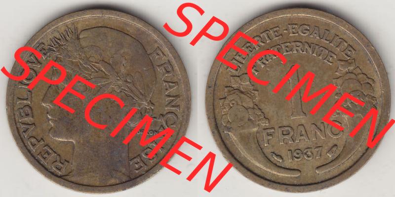 Münzen Frankreich Eurovorläufer, Umlaufmünze vor Euroeinführung 1931-1941, 1 Franken, 1 Franc, 1937-1 LIBERTE EGALITE FRATERNITE. Rückseite und Vorderseite... Sammlung