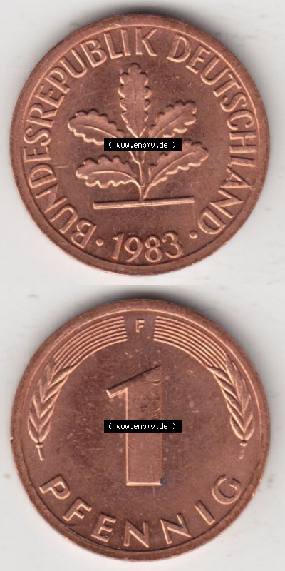 Münzen Deutschland 1 Pfennig-Deutsche Mark 1950-2001, 1 Pfennig 1983 F. Vorderseite und Rückseite in vertikaler Ansicht, einer... Sammlung