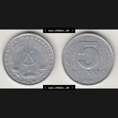 Münzen Deutschland DDR 1968-1990, A 5 Pfennig 1968-1. Vorderseite und Rückseite einer Münze auf einen Bild, einer 5 Pfennig Münze der ehemaligen DDR in Europa als... Sammlung