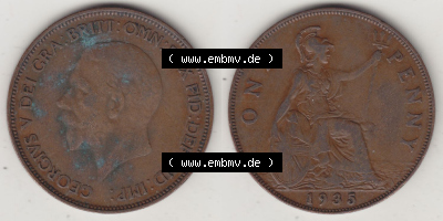 Münzen Großbritannien Eurovorläufer, Umlaufmünze vor Euroeinführung 1928-1936, 1 One Penny, 1935 (Stück 1), George V. BM... Sammlung