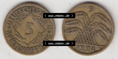 Münzen Deutschland 1918-1932 Weimarer Republik 1923-1924, 5 Rentenpfennig J, 1924 (3) Sammlung