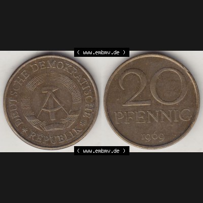 Münzen Deutschland DDR 1969-1990, 20 Pfennig 1969-7, DDR-Telefonmünze. Vorderseite und Rückseite Nebeneinander einer 20 Pfennig Münze / Umlaufmünze in der... Sammlung