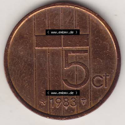 Münzen Niederlande / Netherlands Eurovorläufer, Umlaufmünze vor Euroeinführung 1982-2001, 5 Ct Cent 1983 (Stück 3) Königin... Sammlung
